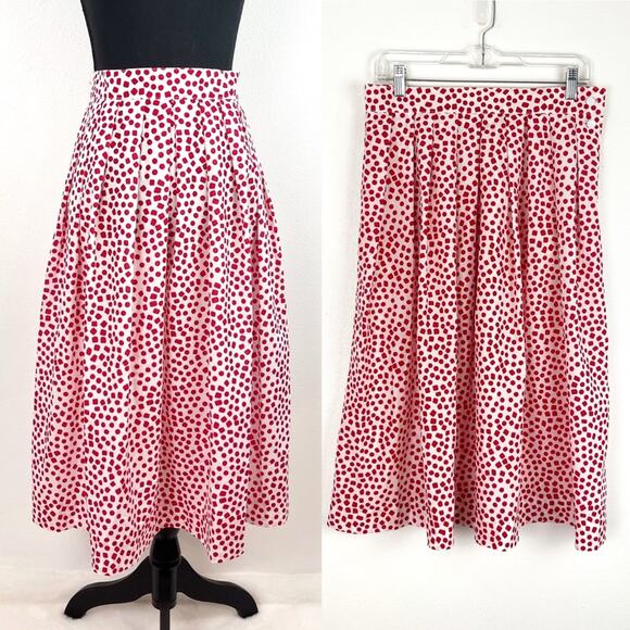 Vintage Midi Skirt 80s Polka Dot Pleated Flat Waistband Full A Line 1980s Flowy - Picture 1 of 10